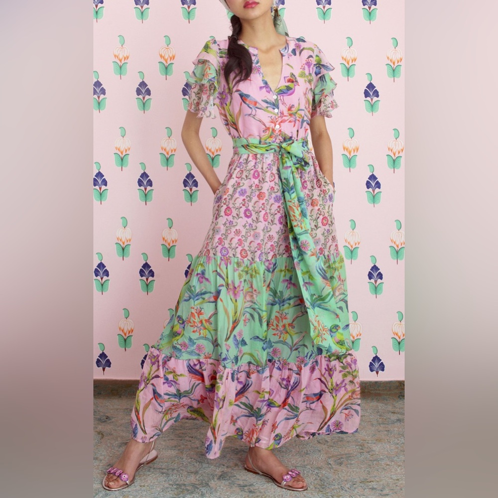 Banjanan Silk Multicolor Floral Print Waist Tie Maxi Dress Women's Size XS
